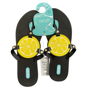 NWT Oka B Solara Licorice Lemon Medallion Flip Flop Sandals Size 9 Black Yellow